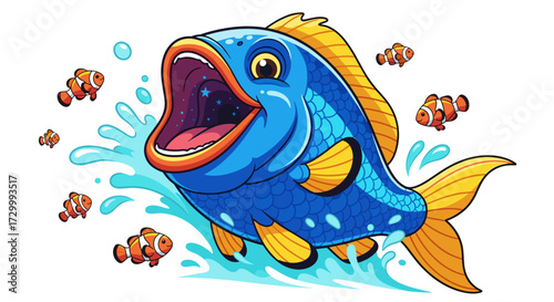 Vector art of a large, blue, cartoon fish with its mouth wide open, surrounded by smaller clownfish and splashing water, isolated on a 
