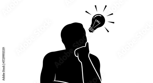 Vector art of silhouette of a person thinking with a glowing light bulb above their head 