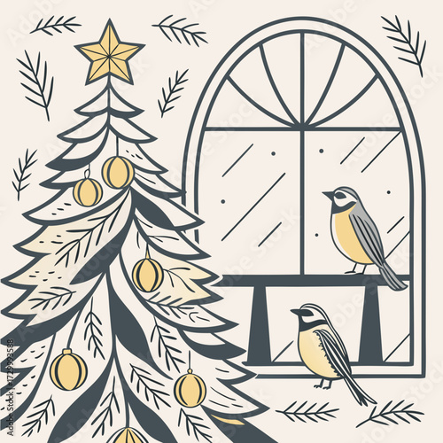 Festive Christmas Tree Decorated with Orbs and Star, Beside a Window with Two Birds and Pine Sprigs