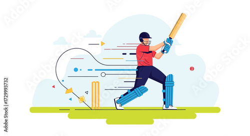 An illustration of a cricket player swinging a bat, ready to hit the ball.