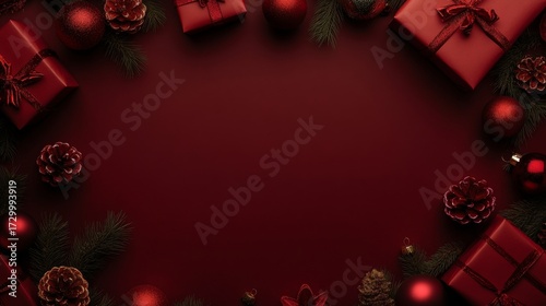 Festive Christmas Border Featuring Wrapped Gifts and Shiny Ornaments Arranged on Dark Red Background in Flat Lay Top View with Ample Copy Space