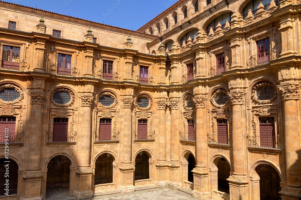 Obraz premium Salamanca University with its historic facade and ornate Plateresque architecture under a bright sky in Salamanca, Spain