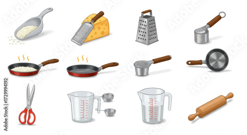 Collection of kitchen utensils and cooking equipment including grater, pans, scissors, measuring cups, and rolling pin