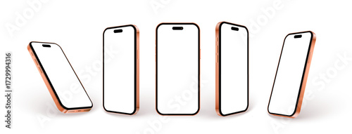 Realistic orange phone mockup isolated on white background, new orange smartphone 3d with blank screen standing on desktop in different angles. Vector illustration in 3d style.