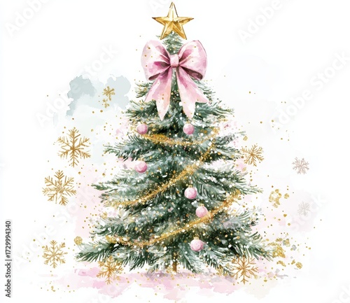 Festive Christmas tree with pink bow on top featuring pink and gold glitter snowflakes against white background