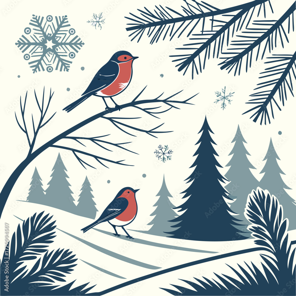Obraz premium Winter scene with two robins perched on branches amidst snow-covered trees and falling snowflakes, evoking a peaceful and festive atmosphere