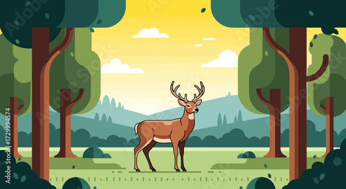 A majestic deer stands in a stylized forest scene, surrounded by trees and a bright sky.