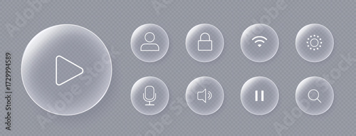 Glass button interface icon with light frame isolated on transparent background. Abstract 3d button panel for mobile phone interface or web, vector illustration. Play, sound, mic or search icons.