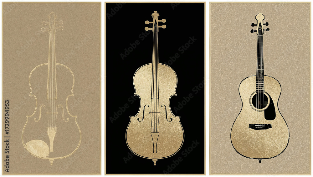 Fototapeta premium Musical Instrument Silhouette Triptych Wall Art with Gold Accents