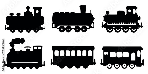 Vector Silhouette Set of Trains Steam Locomotive Modern Passenger and Subway Car