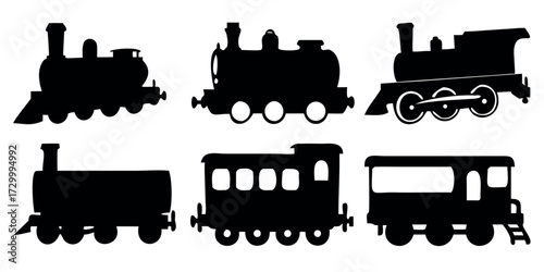 Vector Silhouette Set of Trains Steam Locomotive Modern Passenger and Subway Car