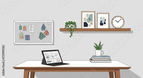 Illustration of a clean, modern workspace with a tablet, bulletin board, shelf with decor, and books on a white desk against a gray wall.