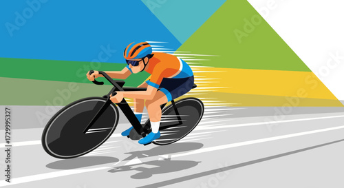 Cyclist speeding down the road, wearing a helmet and sunglasses, in a colorful, stylized illustration.