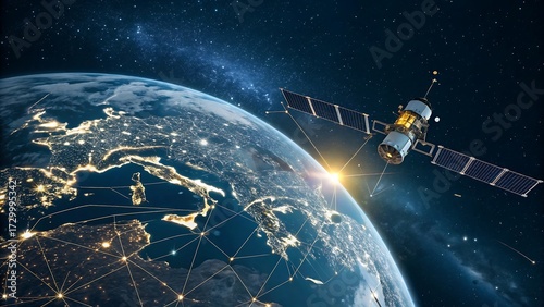 Satellite orbiting Earth at night with city lights and stars in background