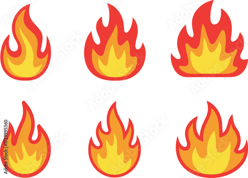 Flame icon set, red yellow fire vector, stylized heat symbols, burning energy illustration, UI design, editable graphic elements