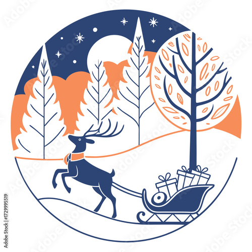 Enchanting christmas journey through a serene winter landscape, featuring a majestic reindeer pulling a sleigh filled with festive gifts under a bright moonlit sky