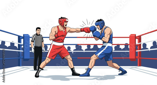 Two boxers in a boxing ring, one throwing a punch, referee watches.