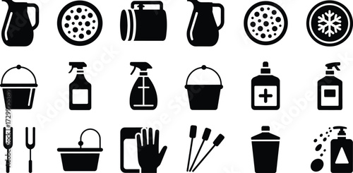 Kitchen cleaning icons, silhouette vector set, household tools, hygiene supplies, spray bottles, buckets, sanitizer, gloves, strainer, jug, thermos, editable black symbols