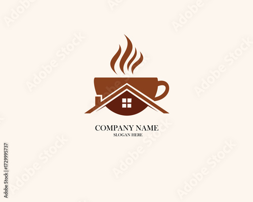 Coffee shop logo design with house roof and steam