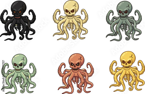 Octopus skull vector illustration, creepy tentacle creature art, horror fantasy monster design, cartoon undead head, colorful spooky character concept