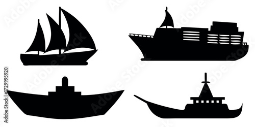Vector Silhouette Set of Ships Cargo Vessel Cruise Liner and Sailing Boat