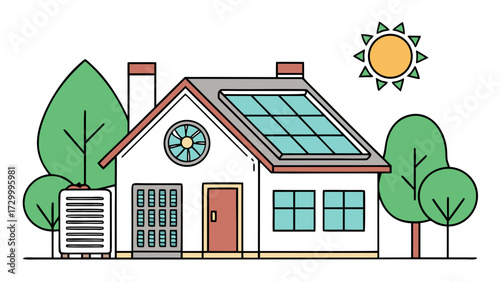 Vector illustration of a heat pump and solar panel system for a modern house, showcasing eco-friendly renewable energy, photovoltaic cells, radiator, and sustainable home heating technology