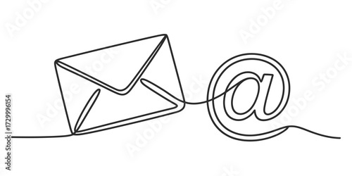 Continuous line drawing vector illustration of envelope and at symbol for email communication vector