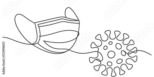 Abstract continuous line art vector illustration of a face mask and virus representation vector