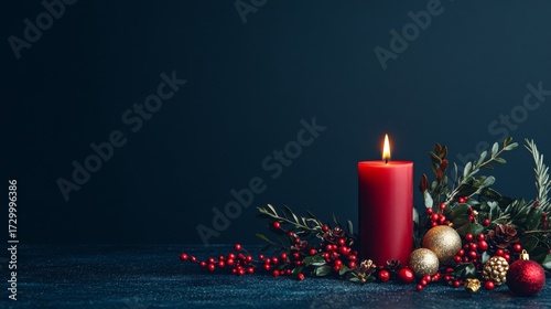 Red Advent Candle with Festive Christmas Decorations on Dark Blue Background for Blank Greeting Card First Sunday