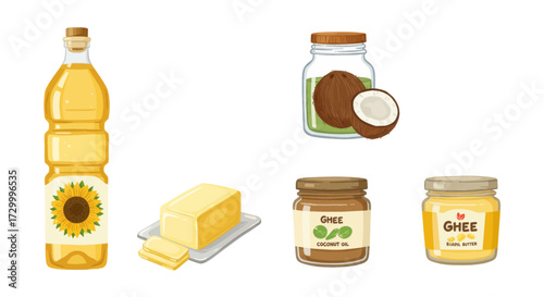 Collection of cooking oils and fats including sunflower oil, butter, coconut oil, and ghee in jars and on a butter dish