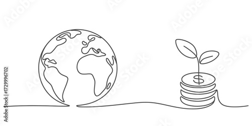 Continuous one line drawing illustrating global growth and financial prosperity vector art vector
