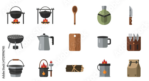 Collection of essential camping and outdoor cooking equipment for adventure.