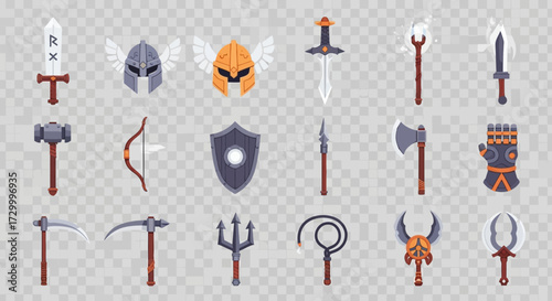 Collection of Fantasy Game Assets - Swords, Helmets, Shields, and Weapons.