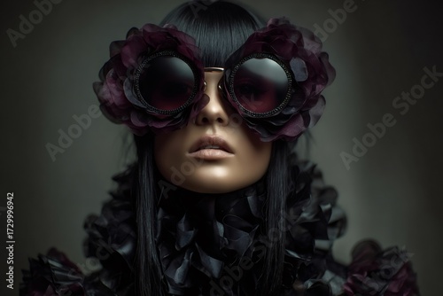 Woman wearing unique oversized sunglasses with dark floral accents, showcasing a mysterious and avant garde fashion style