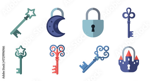 Collection of fantasy keys and locks in various shapes and colors.