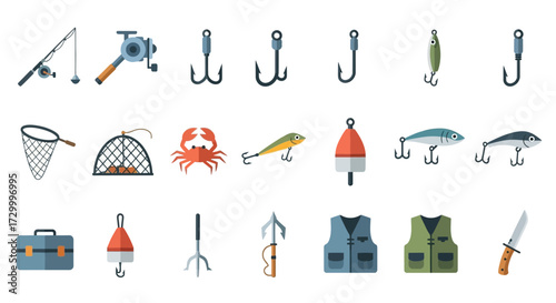 Collection of fishing gear and equipment for angling hobby.