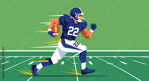 An American football player in blue uniform runs with the ball on a green field.