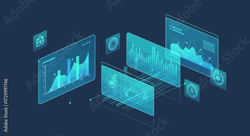 Futuristic digital interface displaying data visualizations with charts and graphs, glowing.