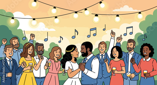 A diverse group of people celebrate with a newlywed couple dancing under string lights, with musical notes floating above them.