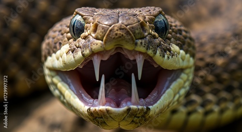 Close up of a venomous snake showing its open mouth fangs and detailed scales