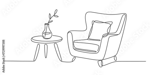 Continuous one line drawing vector illustration of a cozy armchair and side table vector