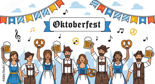 A festive illustration of people celebrating Oktoberfest with beer, pretzels, and music.