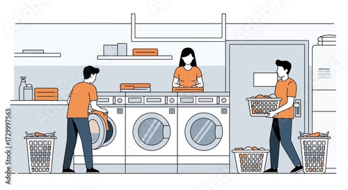 Illustration of three people doing laundry in a laundromat, using washing machines and baskets.