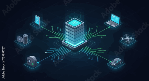 Isometric illustration of a server tower connected to various devices via glowing blue and green network lines.