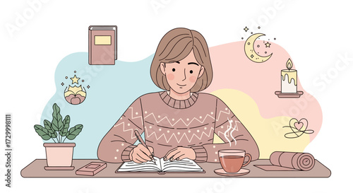 A young woman sits at a desk, writing in a journal surrounded by cozy elements and dreamy illustrations.