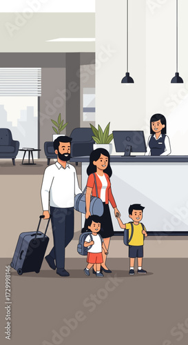 A family of four arrives at a hotel reception desk, the father pulling a suitcase.