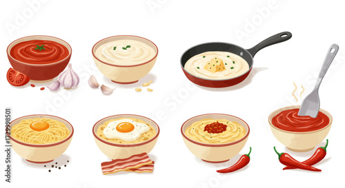 A collection of delicious food and ingredient illustrations, including sauces, soups, and spices for culinary inspiration