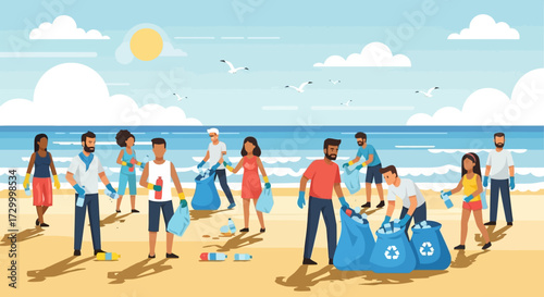Volunteers cleaning up litter on a sunny beach, collecting trash in bags with recycling symbols, promoting environmental awareness.