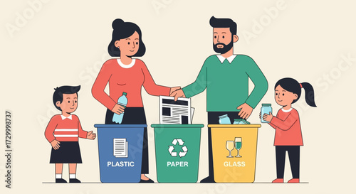 Family recycling together, placing plastic, paper, and glass items into separate labeled bins for environmental responsibility.