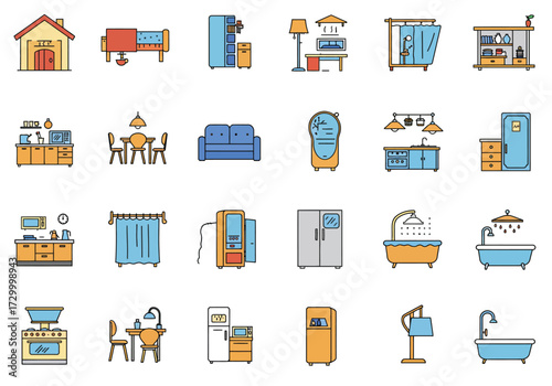 Vector art of a vibrant collection of home interior icons, showcasing essential elements like furniture, appliances, and decorative items, all rendered in a clean, modern style
